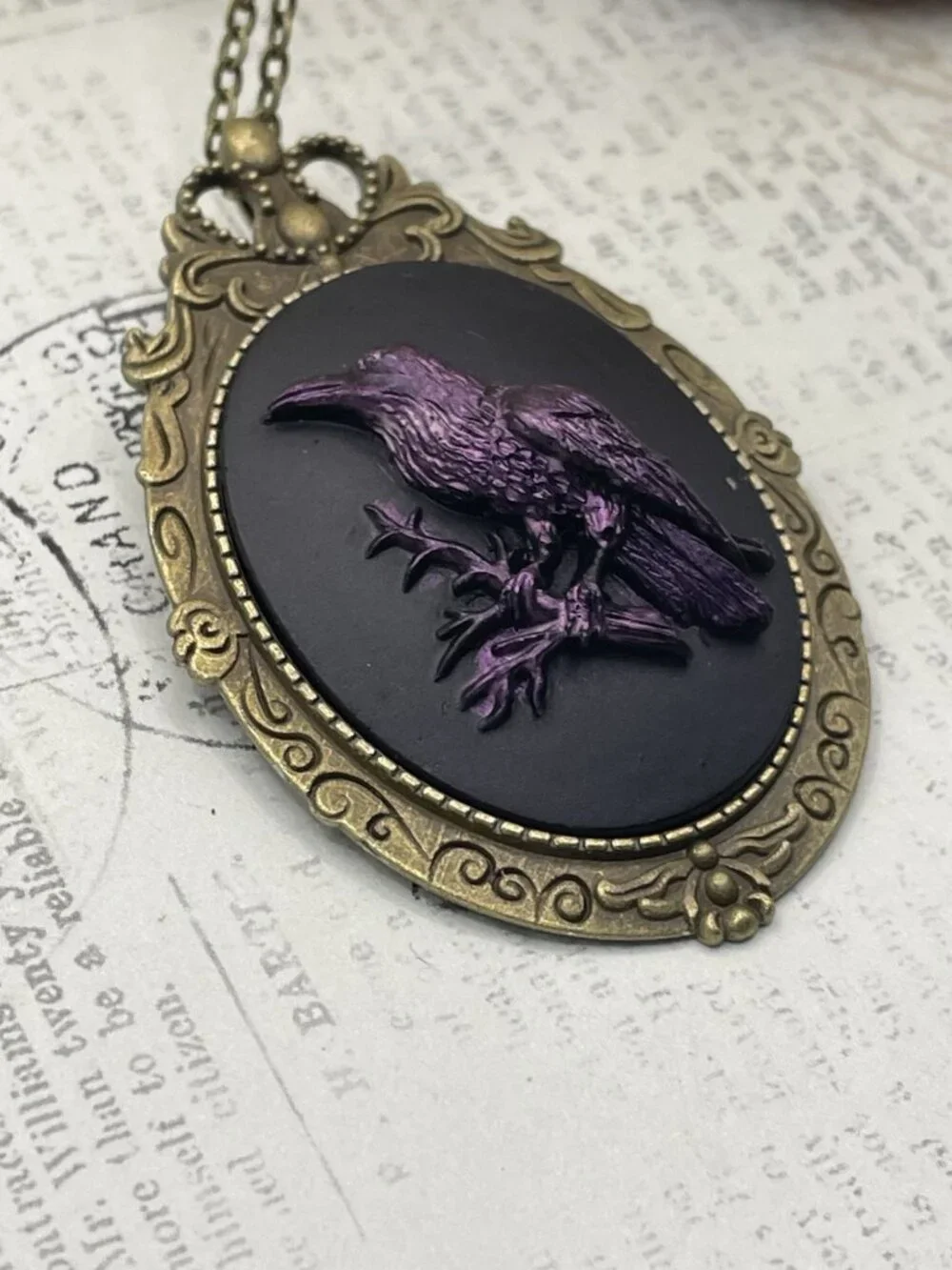 Brooch Pin Purple Iridescent Raven Crow Gothic Gift Cameo Black Necklace Pendant